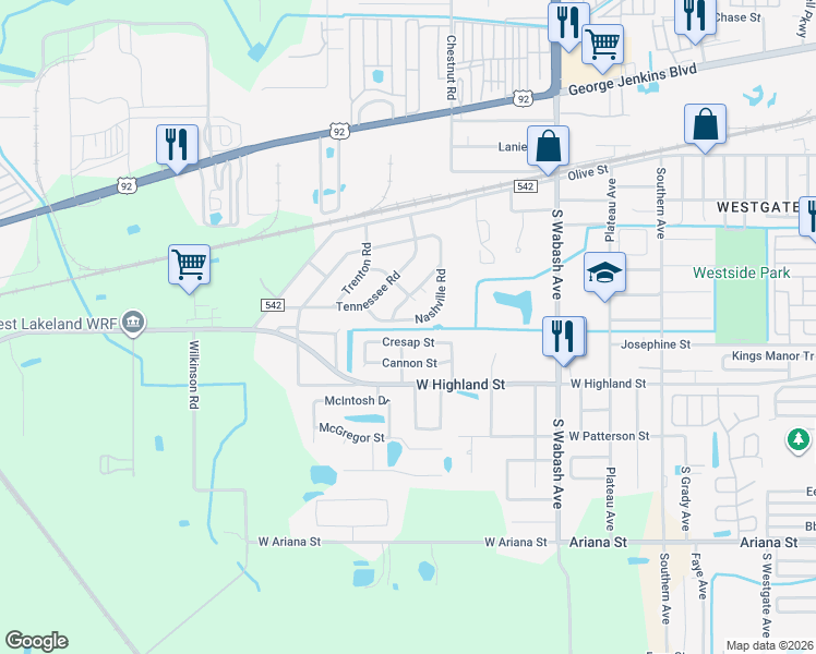 map of restaurants, bars, coffee shops, grocery stores, and more near 902 Nashville Road in Lakeland