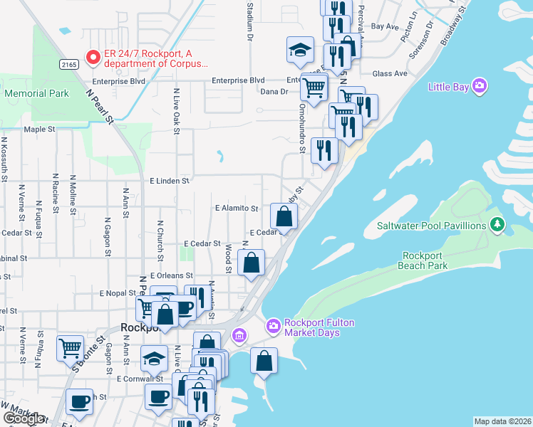 map of restaurants, bars, coffee shops, grocery stores, and more near 1022 Patton Street in Rockport
