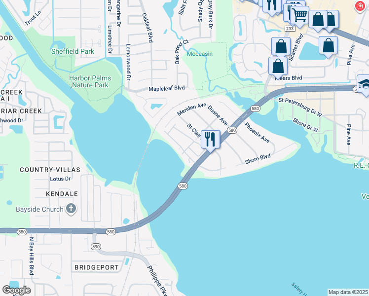 map of restaurants, bars, coffee shops, grocery stores, and more near 2402 Arch Avenue in Oldsmar