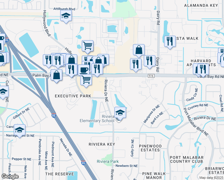 map of restaurants, bars, coffee shops, grocery stores, and more near 963 Sonesta Avenue Northeast in Palm Bay