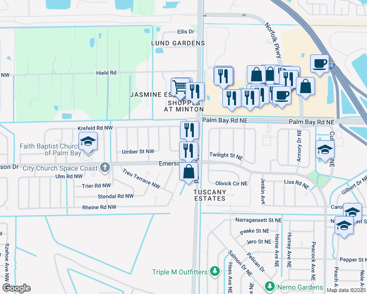 map of restaurants, bars, coffee shops, grocery stores, and more near 139 Krefeld Road Northwest in Palm Bay