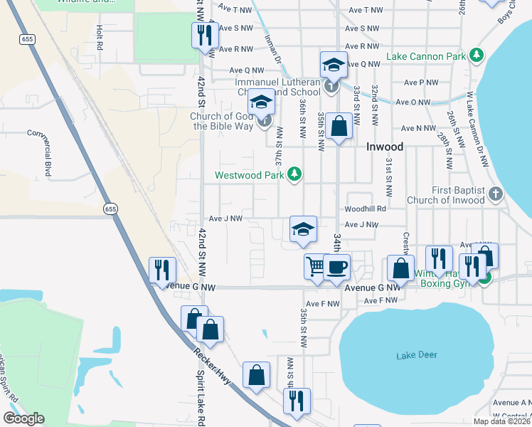 map of restaurants, bars, coffee shops, grocery stores, and more near 3715 1/2 Avenue J Northwest in Winter Haven