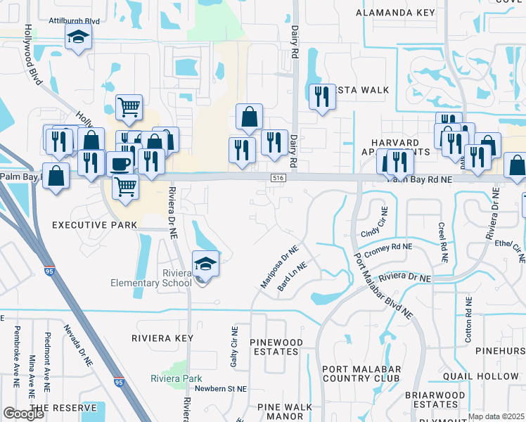 map of restaurants, bars, coffee shops, grocery stores, and more near 1440 Sheafe Avenue Northeast in Palm Bay