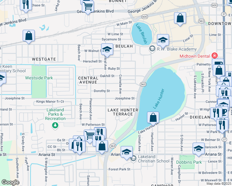 map of restaurants, bars, coffee shops, grocery stores, and more near 1116 Dorothy Street in Lakeland