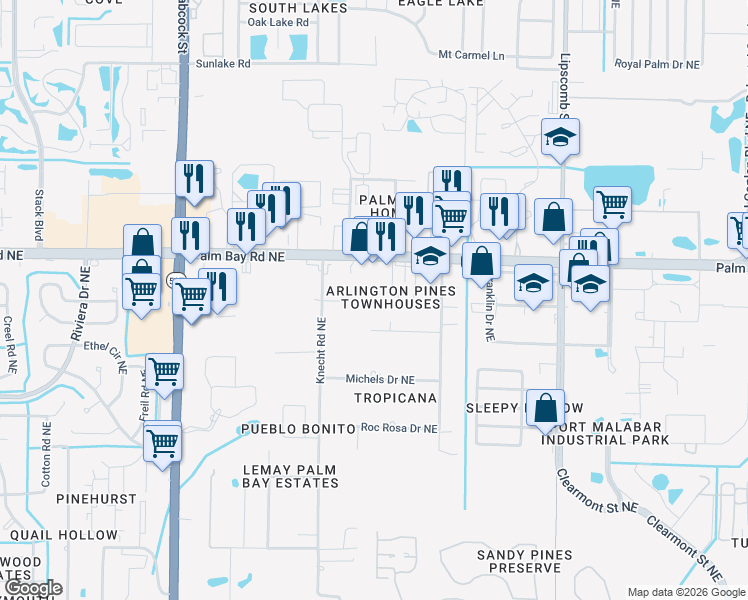map of restaurants, bars, coffee shops, grocery stores, and more near 1300 Arlington Lane Northeast in Palm Bay