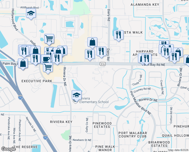 map of restaurants, bars, coffee shops, grocery stores, and more near 1440 Sheafe Avenue Northeast in Palm Bay