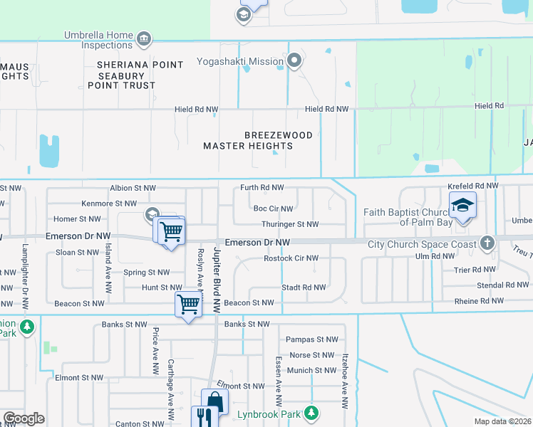 map of restaurants, bars, coffee shops, grocery stores, and more near 746 Boc Circle Northwest in Palm Bay