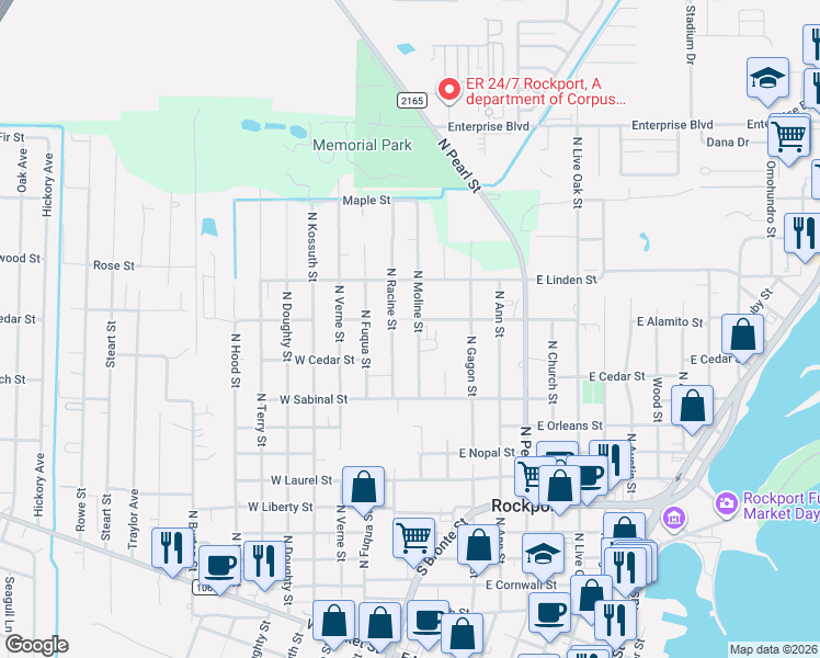 map of restaurants, bars, coffee shops, grocery stores, and more near 1013 N Moline St in Rockport