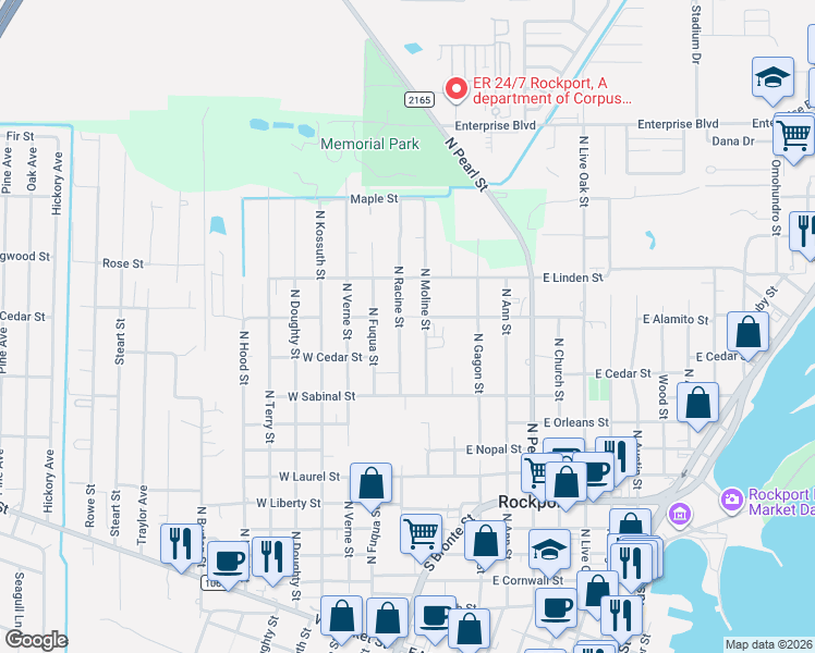 map of restaurants, bars, coffee shops, grocery stores, and more near 1013 North Moline Street in Rockport