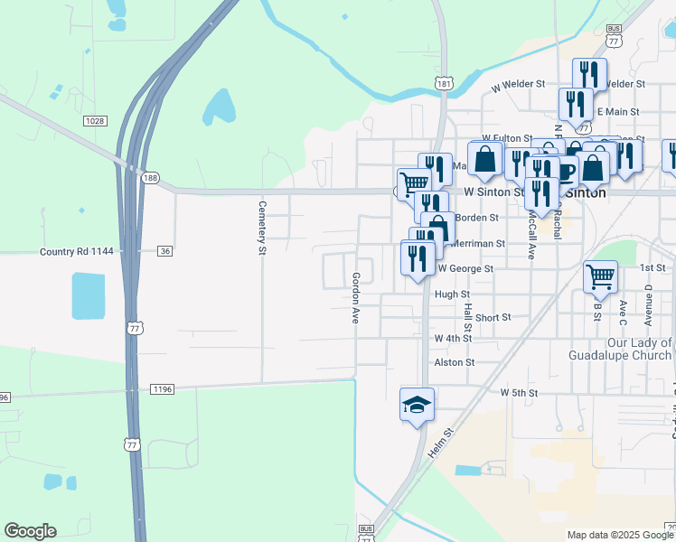 map of restaurants, bars, coffee shops, grocery stores, and more near 308 Hackberry Street in Sinton
