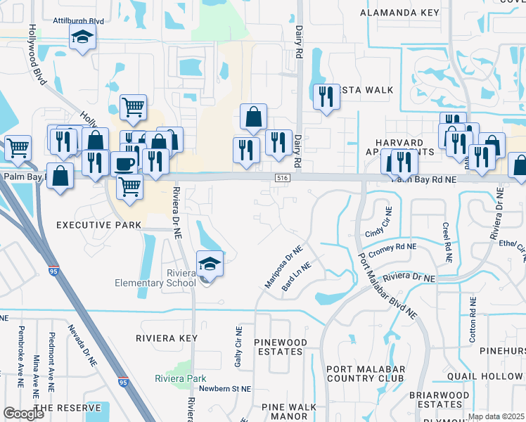 map of restaurants, bars, coffee shops, grocery stores, and more near 1440 Sheafe Avenue Northeast in Palm Bay