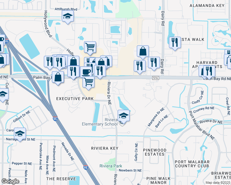 map of restaurants, bars, coffee shops, grocery stores, and more near 954 Sonesta Avenue Northeast in Palm Bay