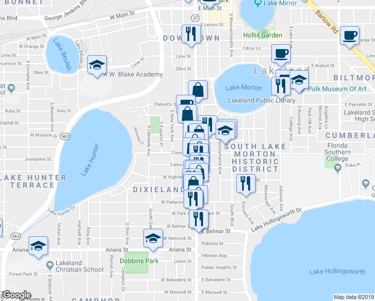 map of restaurants, bars, coffee shops, grocery stores, and more near 847 South Missouri Avenue in Lakeland