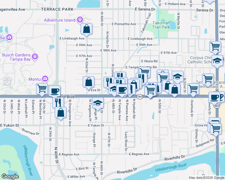 map of restaurants, bars, coffee shops, grocery stores, and more near 9210 North Connechusett Road in Tampa