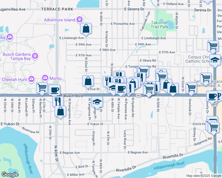 map of restaurants, bars, coffee shops, grocery stores, and more near 9210 North Connechusett Road in Tampa