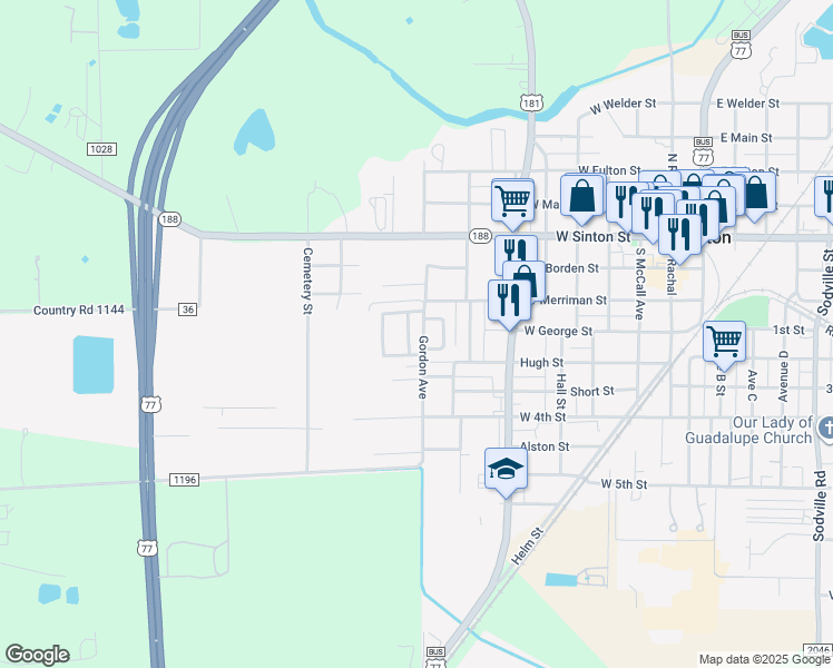 map of restaurants, bars, coffee shops, grocery stores, and more near 308 Hackberry Street in Sinton