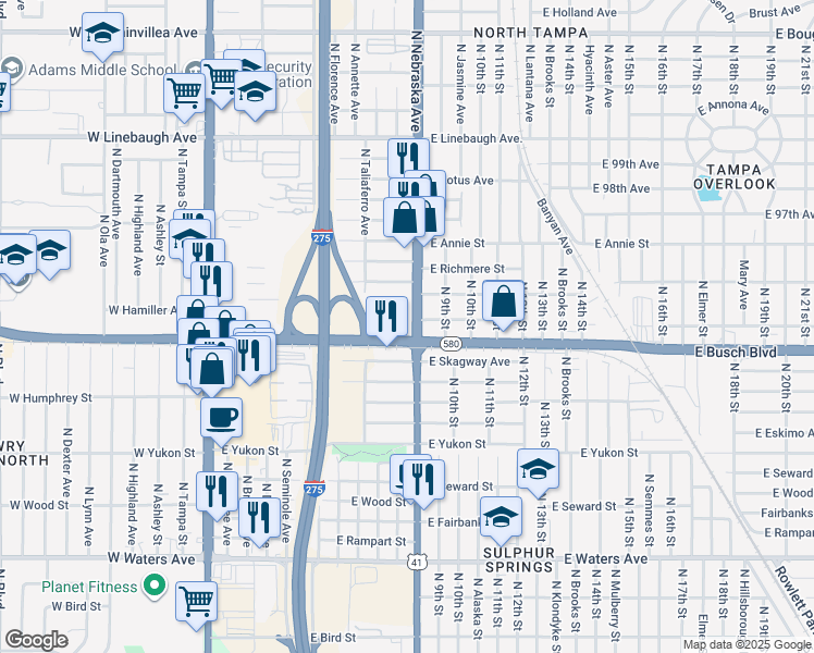 map of restaurants, bars, coffee shops, grocery stores, and more near 856 East Busch Boulevard in Tampa