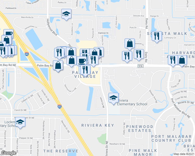 map of restaurants, bars, coffee shops, grocery stores, and more near 890 Palm Bay Road Northeast in Palm Bay