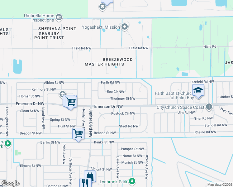 map of restaurants, bars, coffee shops, grocery stores, and more near 746 Boc Circle Northwest in Palm Bay