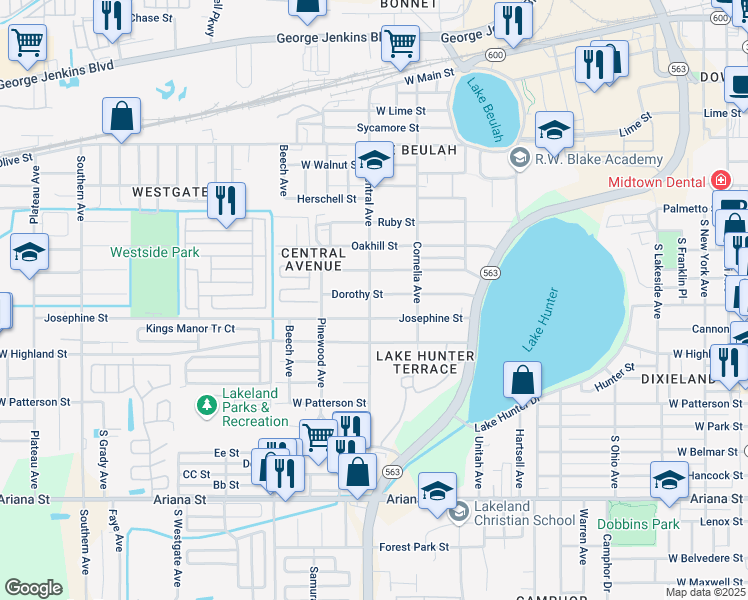 map of restaurants, bars, coffee shops, grocery stores, and more near 906 South Central Avenue in Lakeland