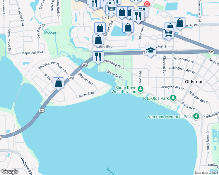map of restaurants, bars, coffee shops, grocery stores, and more near 3857 Shore Boulevard in Oldsmar