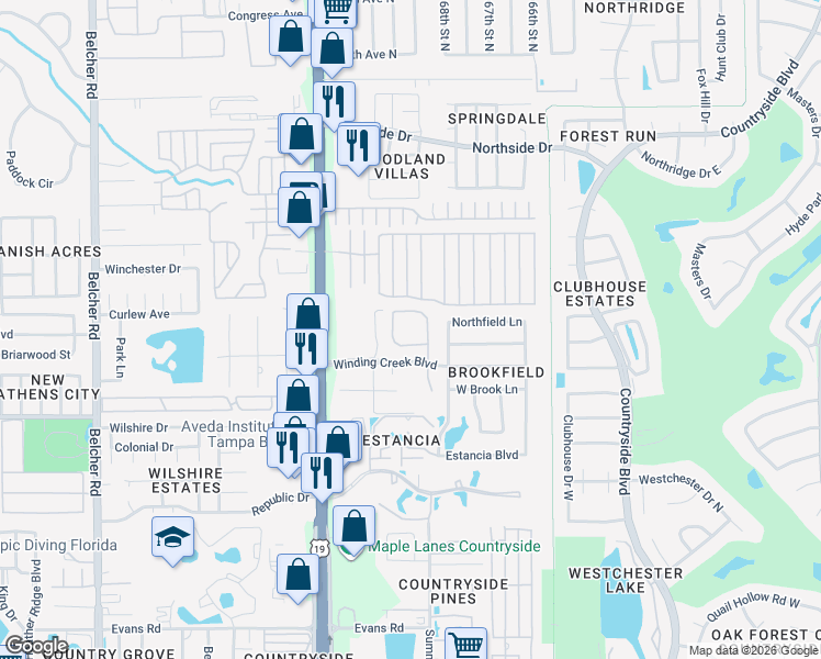map of restaurants, bars, coffee shops, grocery stores, and more near 2500 Winding Creek Boulevard in Clearwater