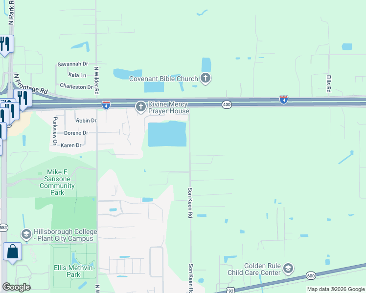 map of restaurants, bars, coffee shops, grocery stores, and more near 720 Son Keen Road in Plant City