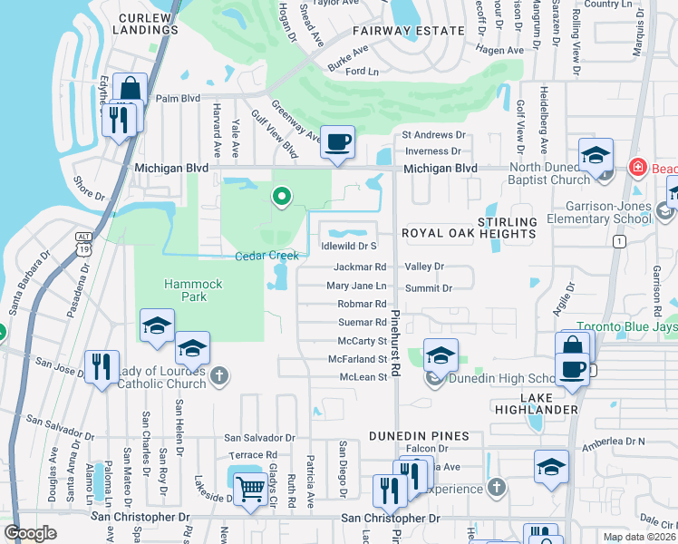 map of restaurants, bars, coffee shops, grocery stores, and more near 1095 Jackmar Road in Dunedin