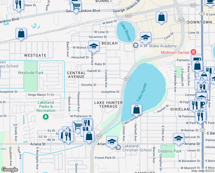 map of restaurants, bars, coffee shops, grocery stores, and more near 1116 Dorothy Street in Lakeland
