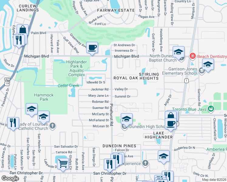map of restaurants, bars, coffee shops, grocery stores, and more near 1773 Pinehurst Road in Dunedin