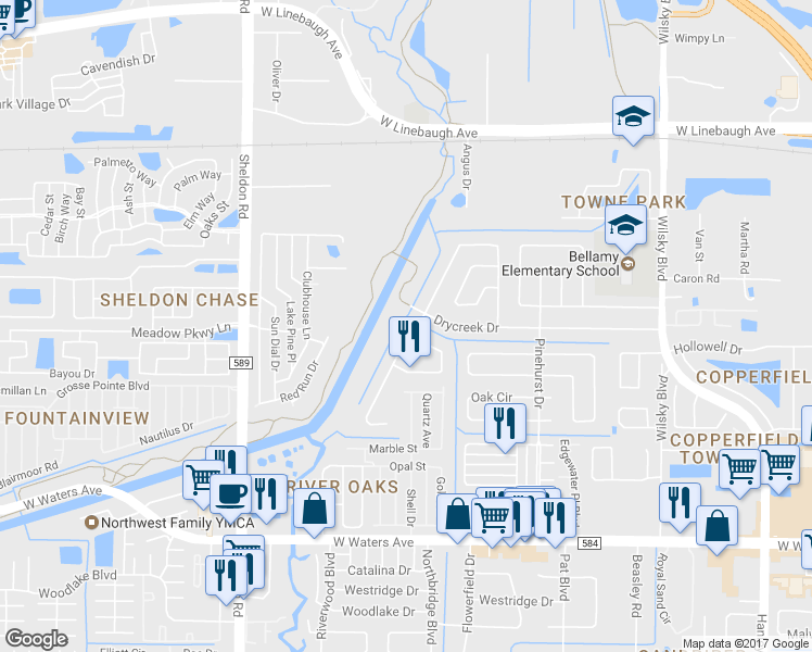 map of restaurants, bars, coffee shops, grocery stores, and more near 9016 Auburn Way in Tampa