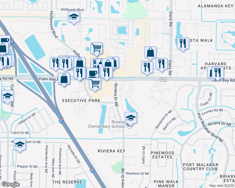 map of restaurants, bars, coffee shops, grocery stores, and more near 890 Palm Bay Road Northeast in Melbourne