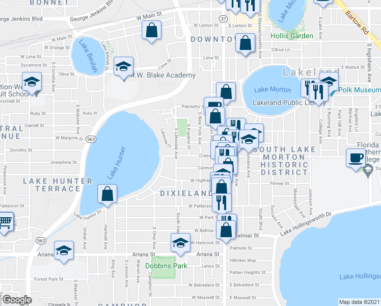 map of restaurants, bars, coffee shops, grocery stores, and more near 852 South Franklin Place in Lakeland