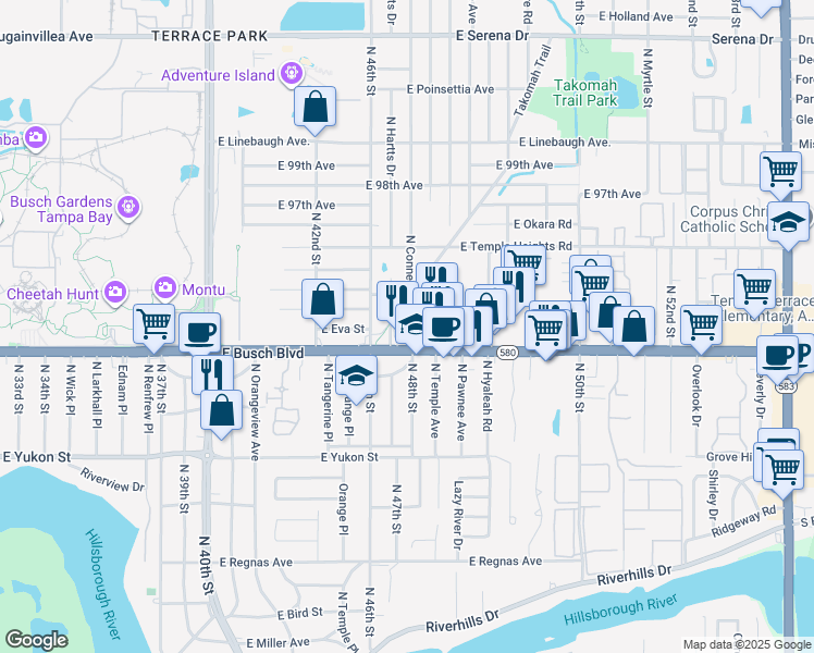 map of restaurants, bars, coffee shops, grocery stores, and more near 9208 North Connechusett Road in Tampa