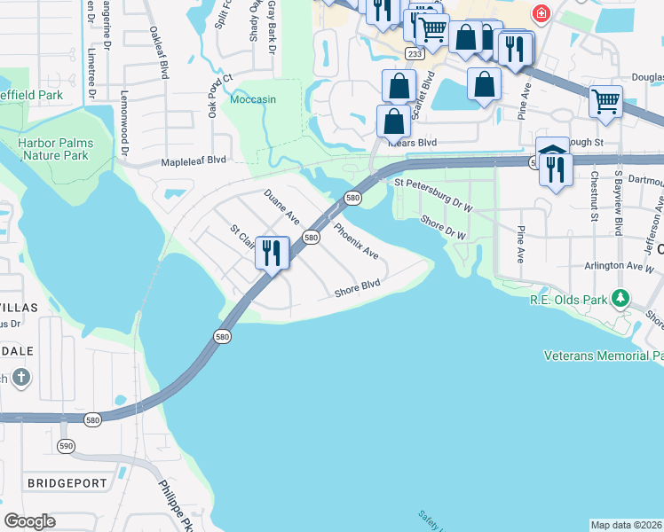 map of restaurants, bars, coffee shops, grocery stores, and more near 3081 Duane Avenue in Oldsmar