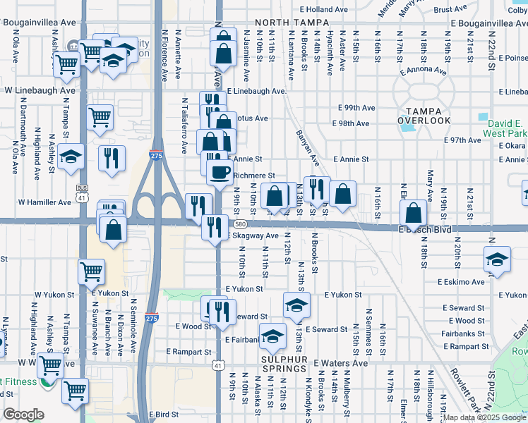 map of restaurants, bars, coffee shops, grocery stores, and more near 1010 East Busch Boulevard in Tampa
