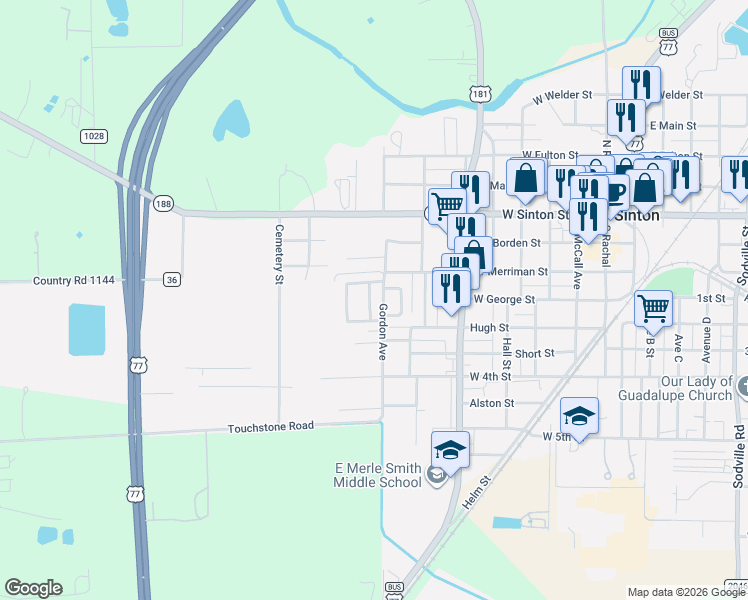 map of restaurants, bars, coffee shops, grocery stores, and more near 308 Hackberry Street in Sinton