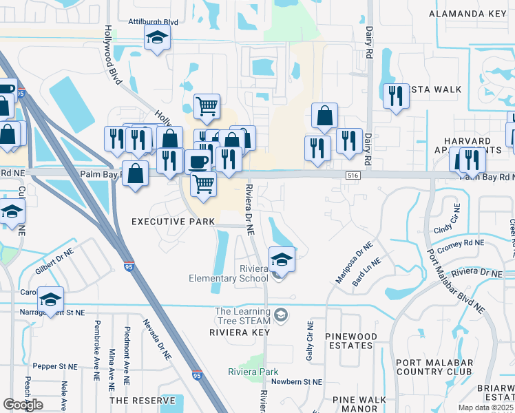 map of restaurants, bars, coffee shops, grocery stores, and more near 939 Sonesta Avenue Northeast in Palm Bay