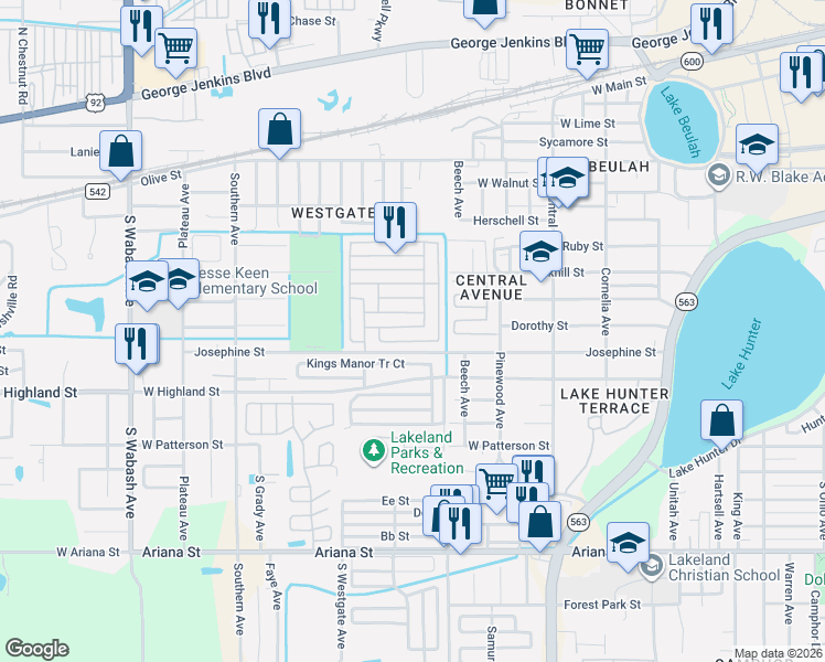 map of restaurants, bars, coffee shops, grocery stores, and more near 1511 Remuda Drive in Lakeland