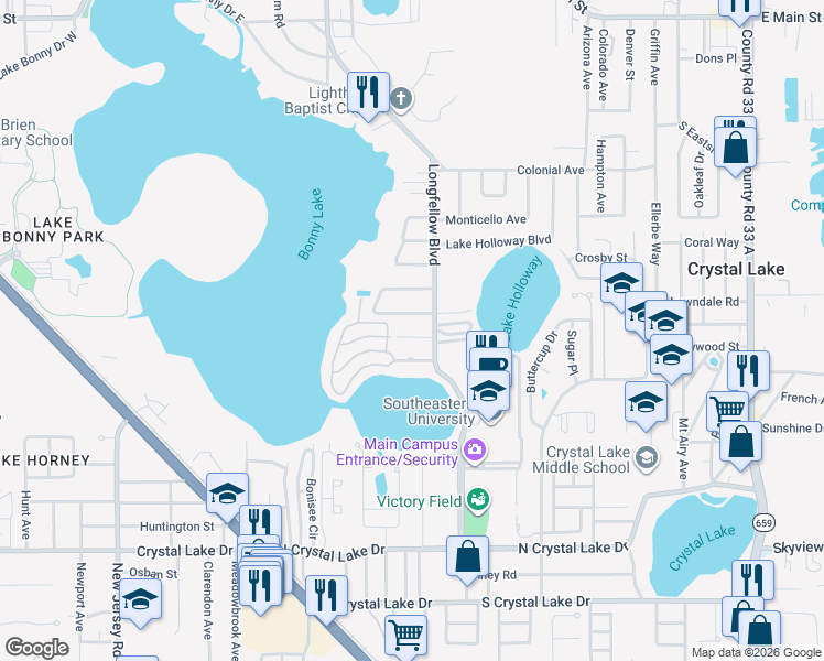 map of restaurants, bars, coffee shops, grocery stores, and more near 2030 Milton Street in Lakeland