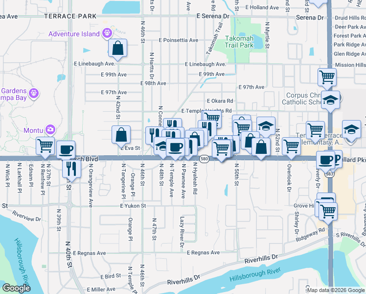 map of restaurants, bars, coffee shops, grocery stores, and more near 4824 East Busch Boulevard in Tampa