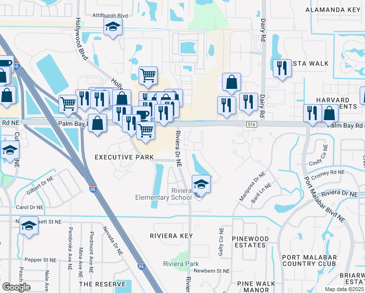 map of restaurants, bars, coffee shops, grocery stores, and more near 933 Sonesta Avenue Northeast in Palm Bay