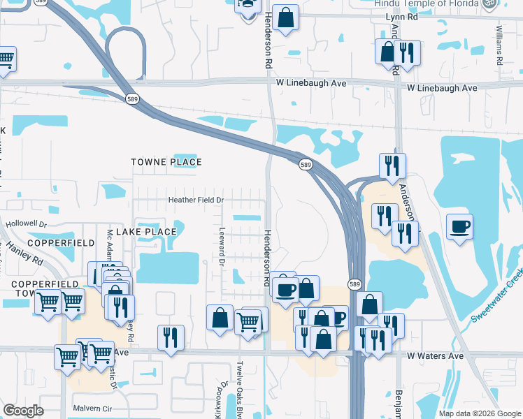map of restaurants, bars, coffee shops, grocery stores, and more near 8903 Richfield Court in Tampa