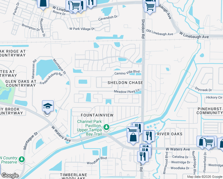 map of restaurants, bars, coffee shops, grocery stores, and more near 9029 Sheldon Chase Drive in Tampa