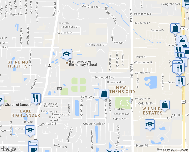map of restaurants, bars, coffee shops, grocery stores, and more near 1820 Sourwood Boulevard in Dunedin