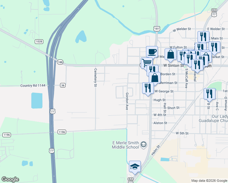 map of restaurants, bars, coffee shops, grocery stores, and more near 332 Woodlawn Street in Sinton