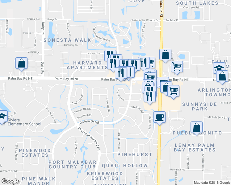 map of restaurants, bars, coffee shops, grocery stores, and more near 1400 Carr Circle Northeast in Palm Bay