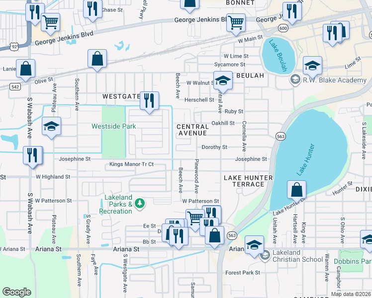 map of restaurants, bars, coffee shops, grocery stores, and more near 343 Mels Drive North in Lakeland