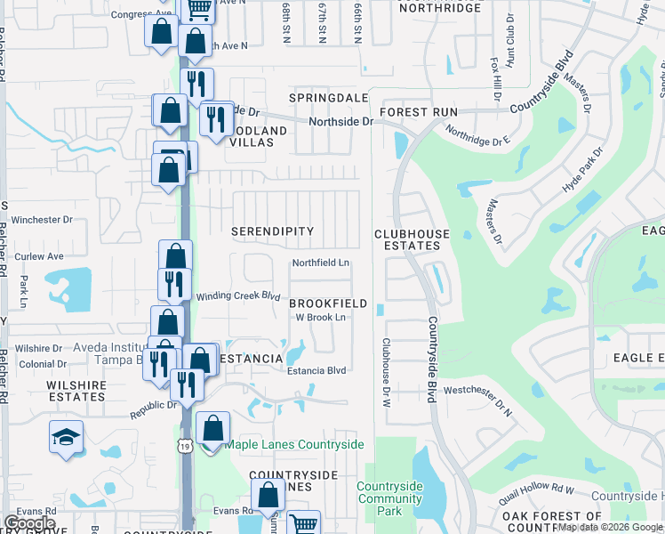 map of restaurants, bars, coffee shops, grocery stores, and more near 2573 Northfield Lane in Clearwater