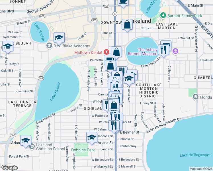 map of restaurants, bars, coffee shops, grocery stores, and more near 847 South Missouri Avenue in Lakeland